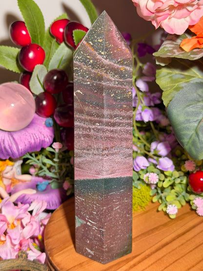 Pink and green sea jasper tower