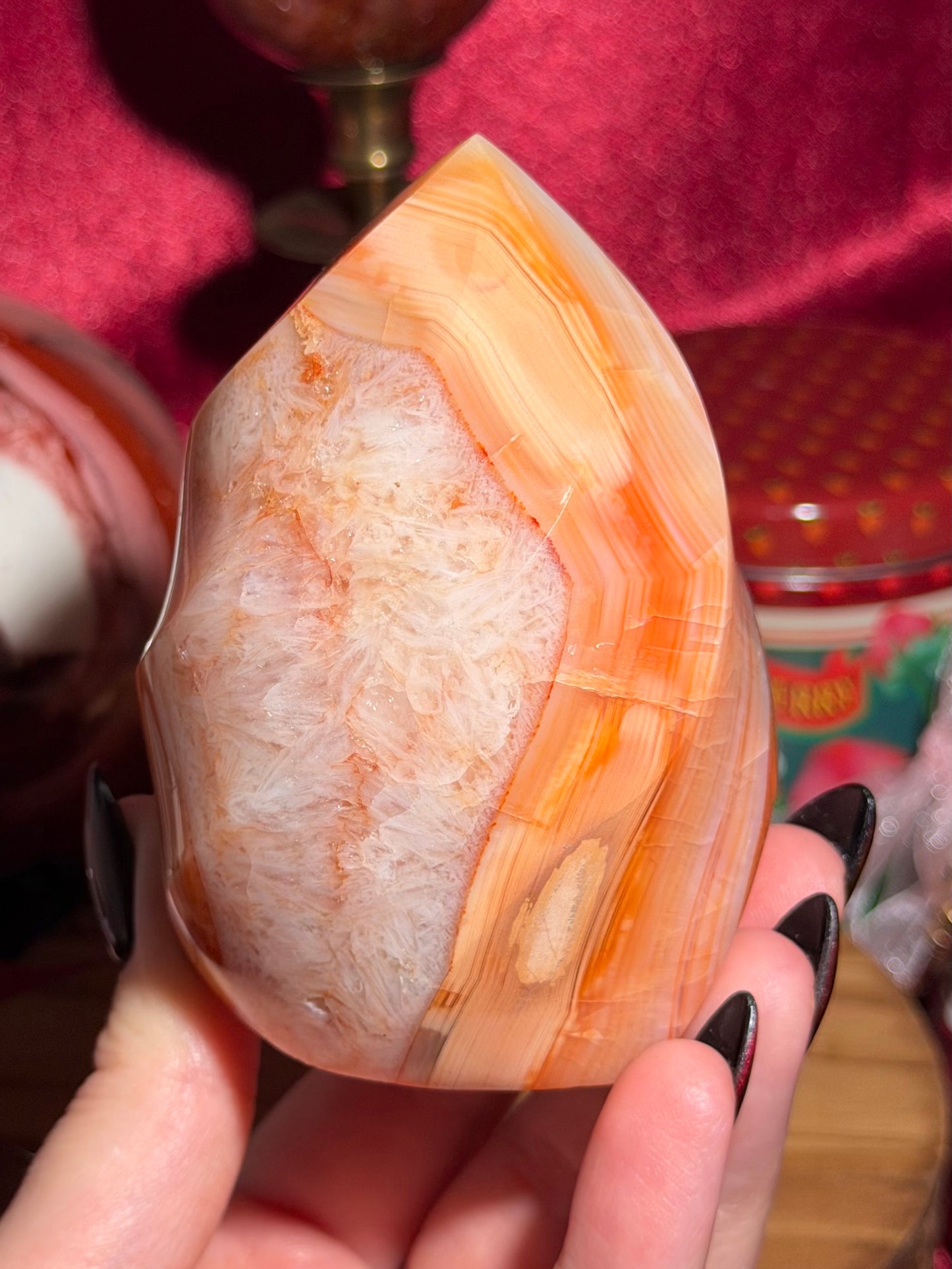Peachy yellow carnelian flame with quartz