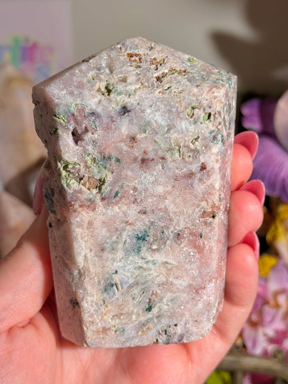 Fairy green jasper mixed with pink amethyst tower from Brazil