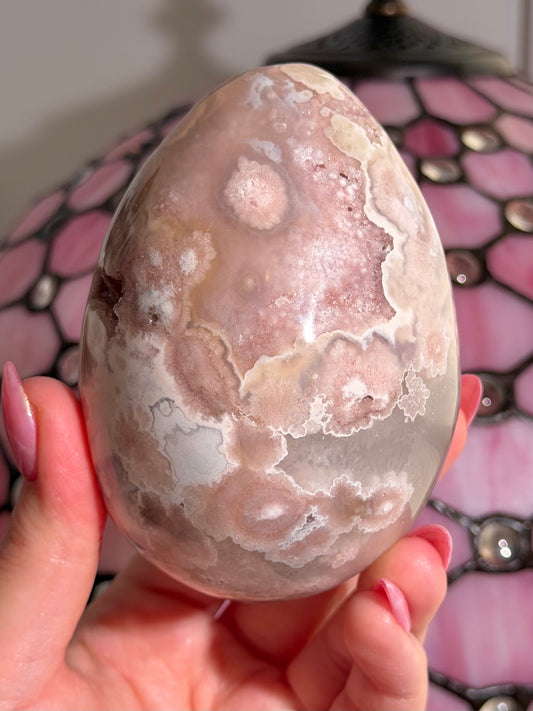 Large Flower agate x pink amethyst egg
