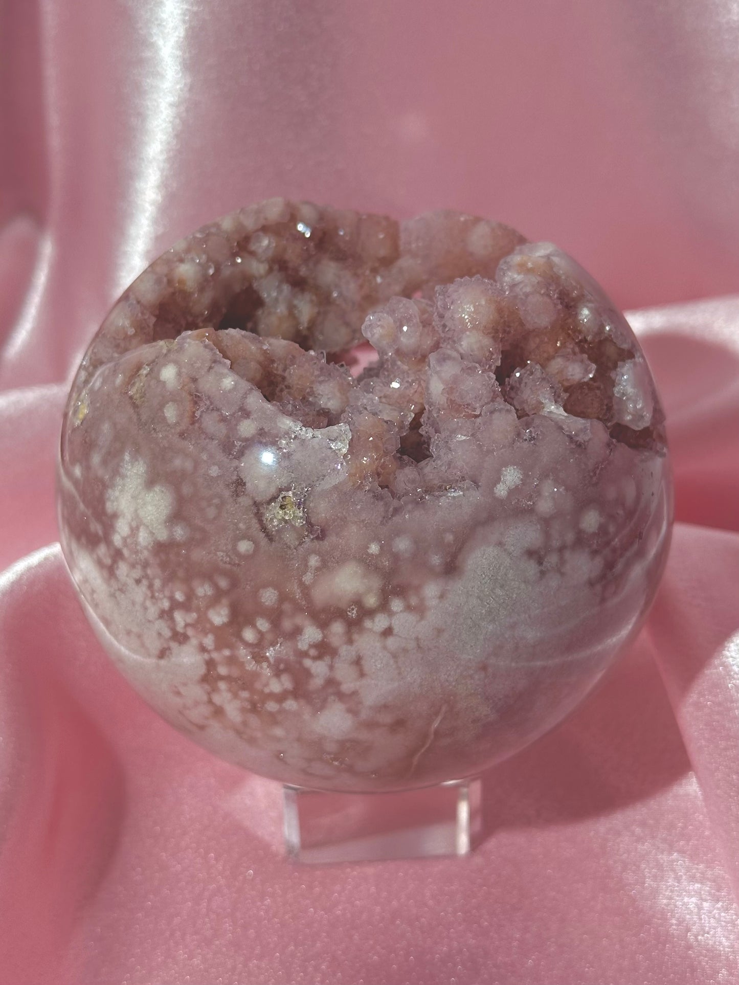 Brazilian pink amethyst x flower agate sphere with bubbly druzy cave