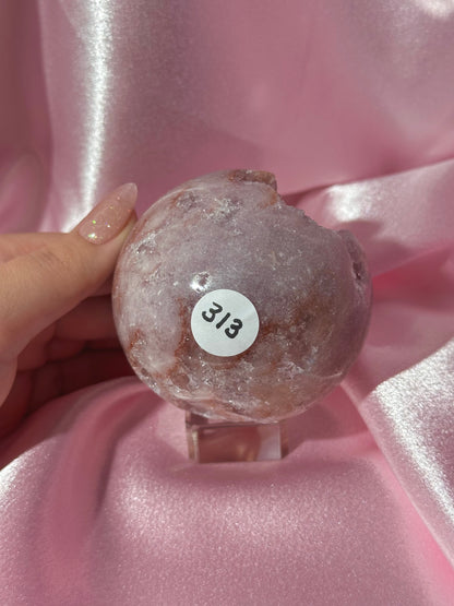 Brazilian pink amethyst x flower agate sphere with bubbly druzy cave