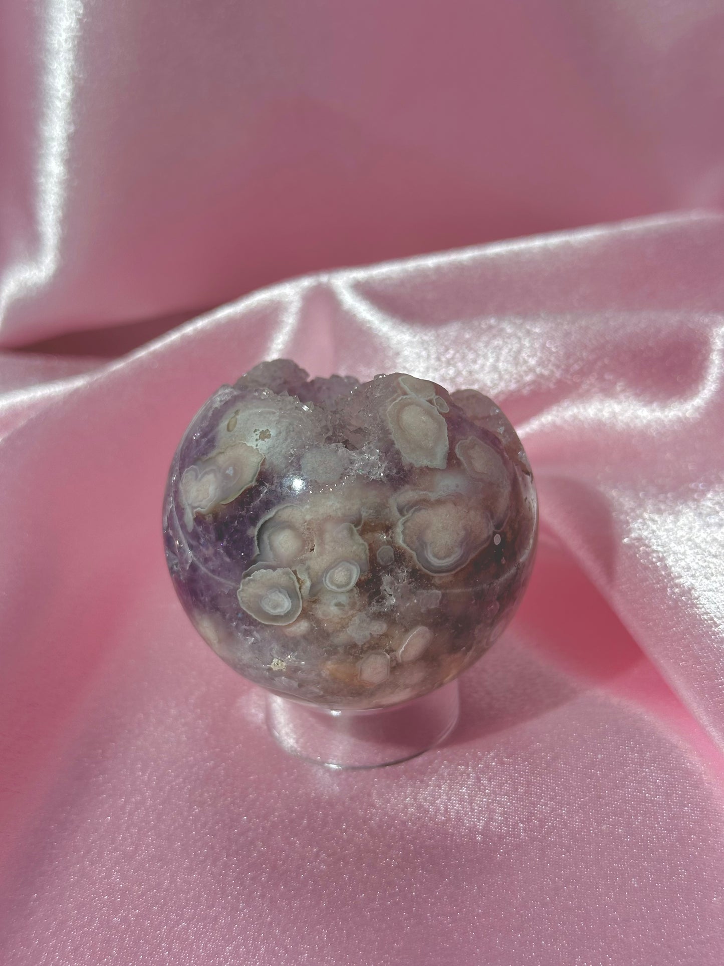 Purple Brazilian pink amethyst x flower agate sphere with druzy cave