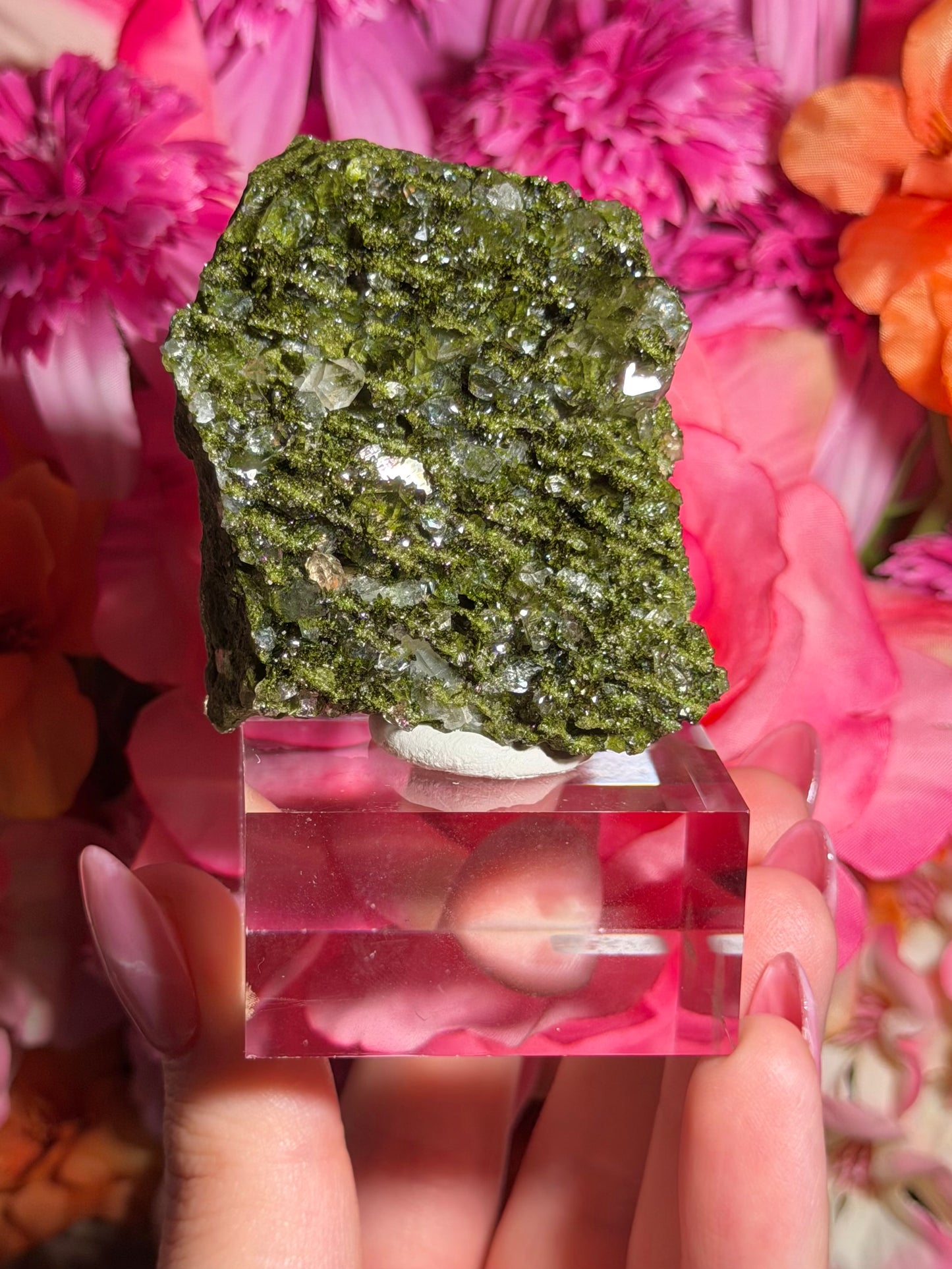 Fairy Quartz Epidote specimen on stand from Hakkari, Turkey