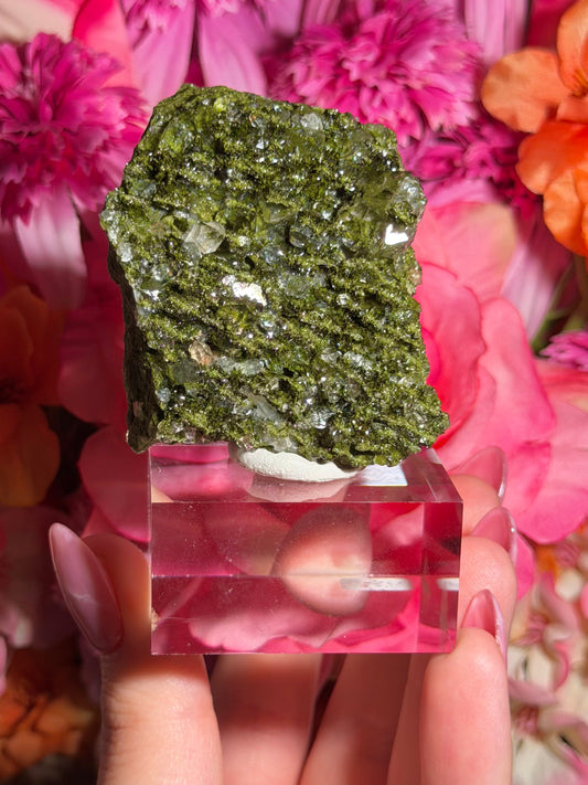 Fairy Quartz Epidote specimen on stand from Hakkari, Turkey