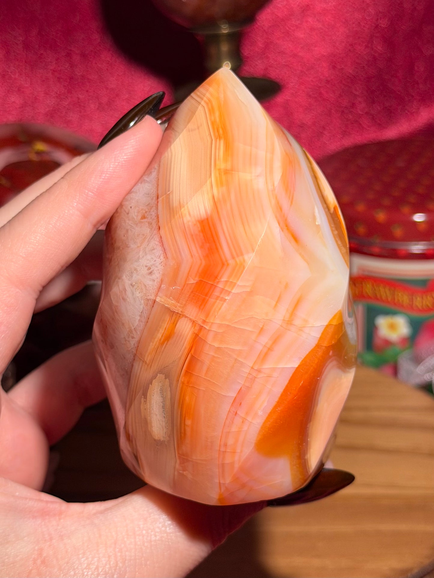 Peachy yellow carnelian flame with quartz