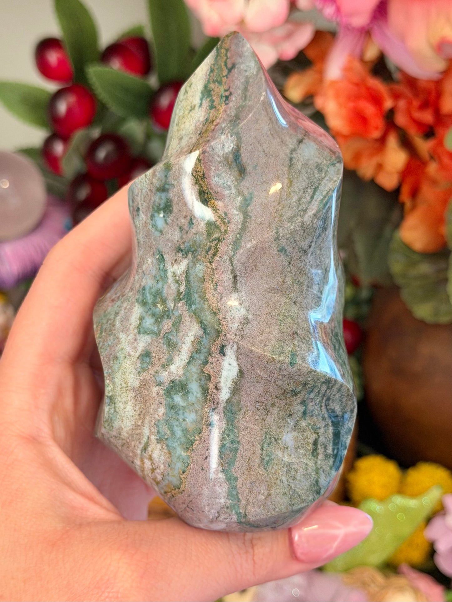 Lilac and green sea jasper flame