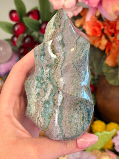Lilac and green sea jasper flame