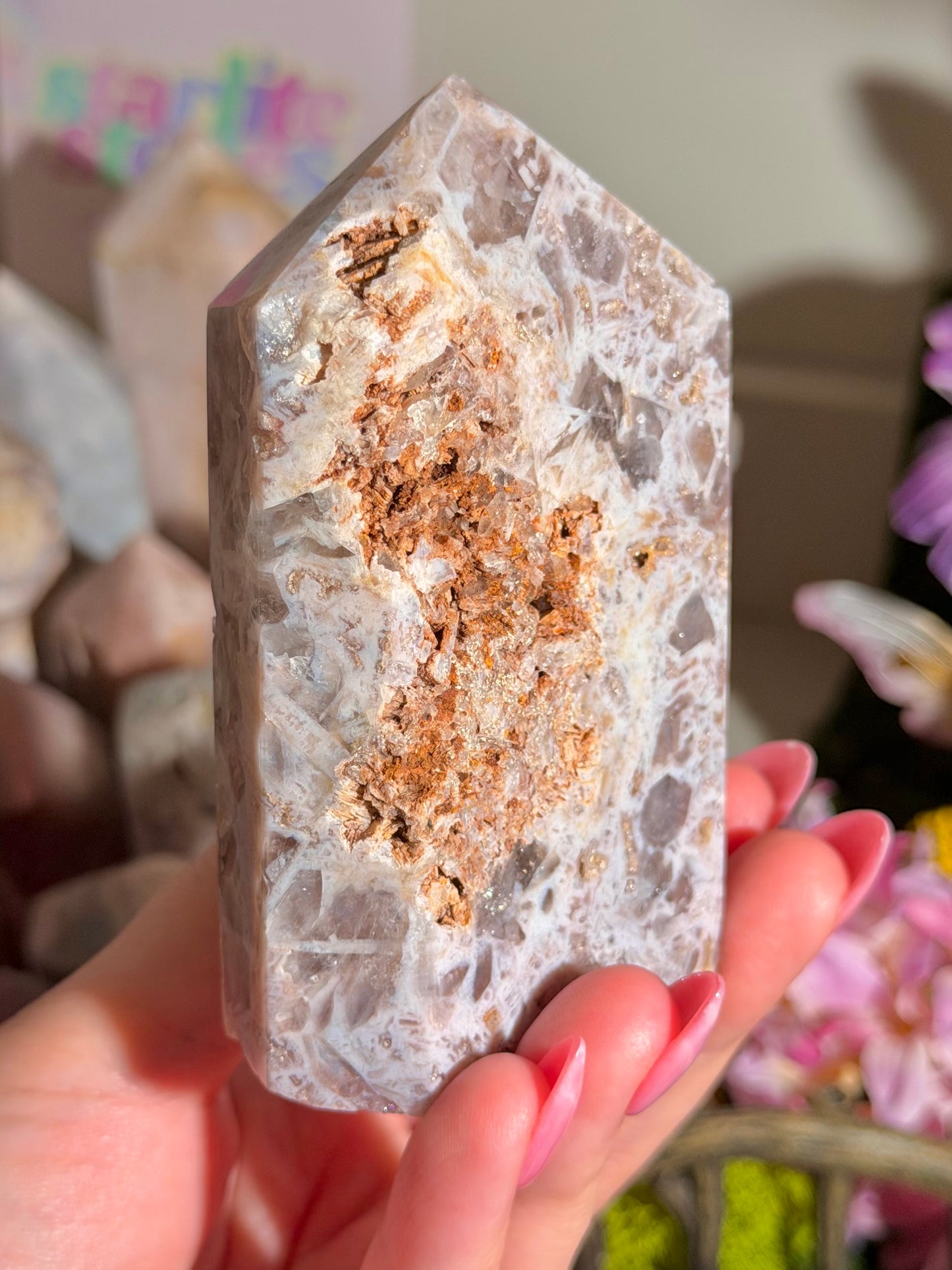 Mosaic pastel blue pink amethyst tower from Brazil
