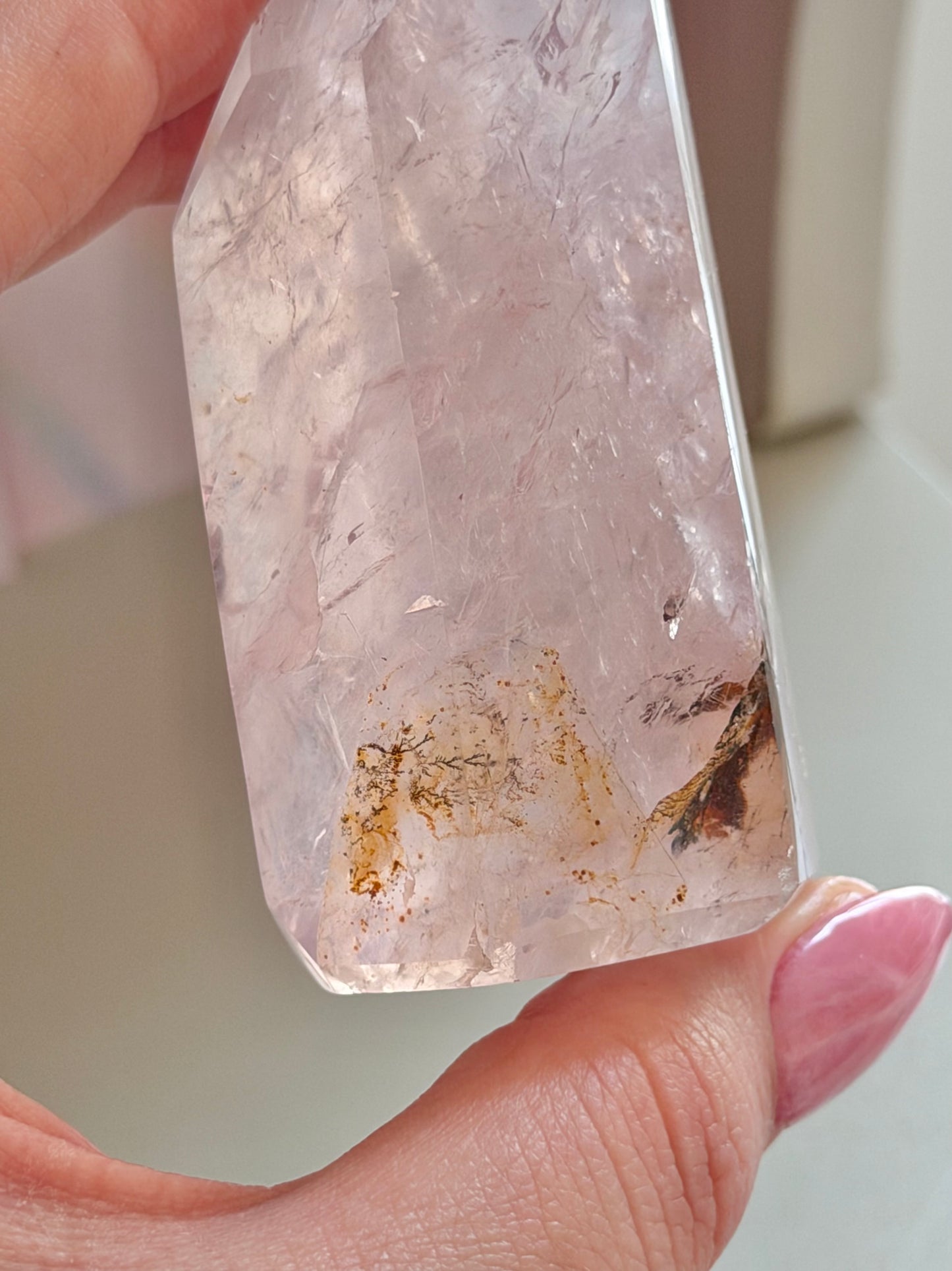 Icy rose quartz tower with dendrites