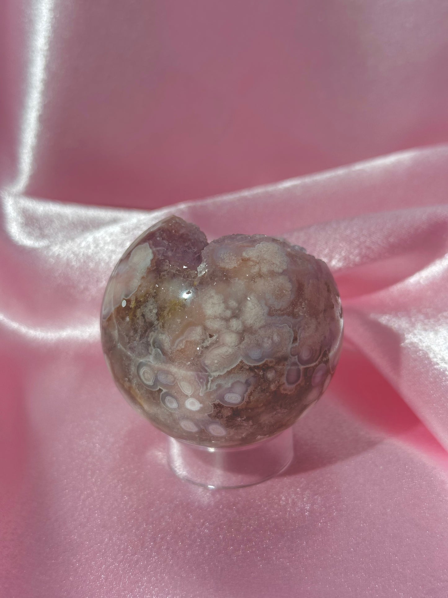Purple Brazilian pink amethyst x flower agate sphere with druzy cave