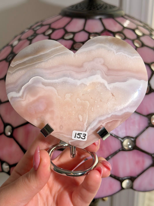 Large Pink amethyst x flower agate heart on stand