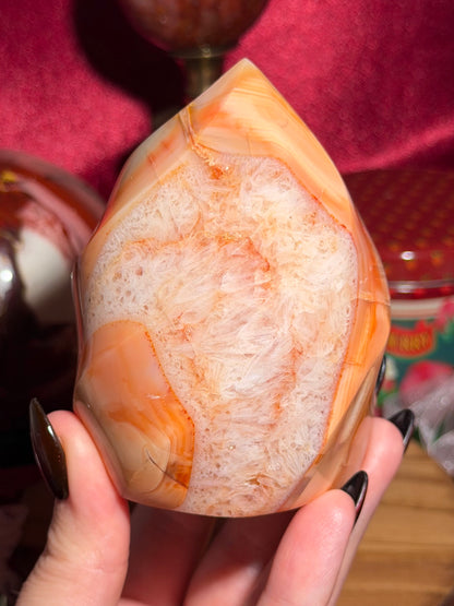 Peachy yellow carnelian flame with quartz