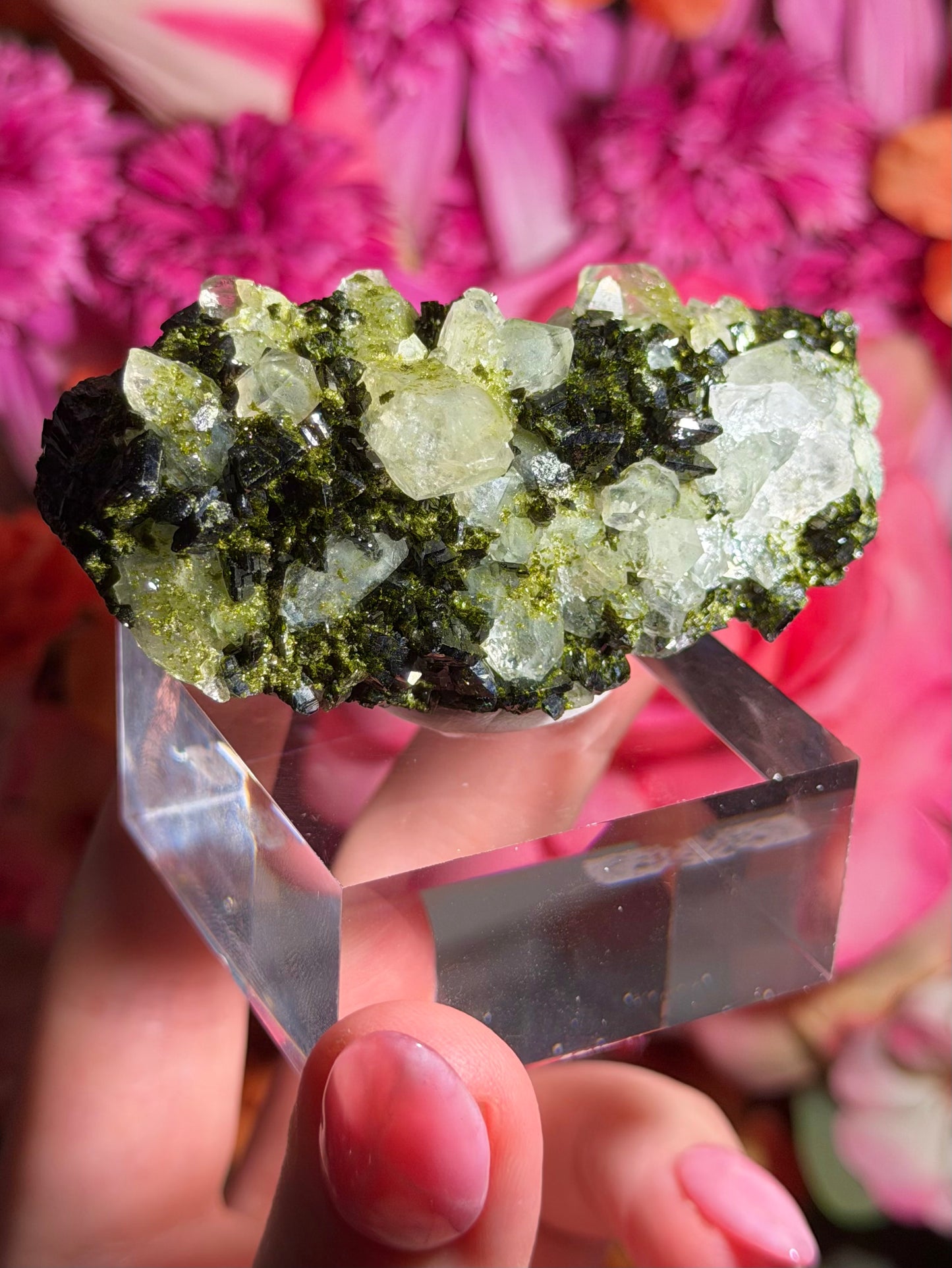 Fairy Quartz Epidote specimen on stand from Hakkari, Turkey