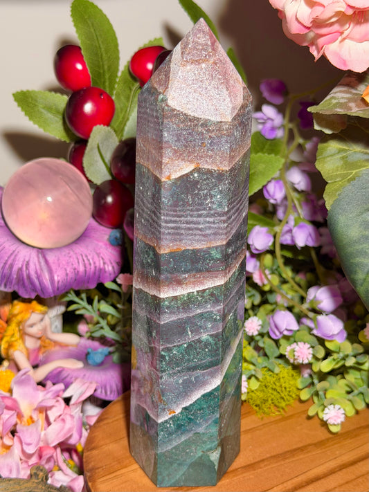 Pink and green sea jasper tower