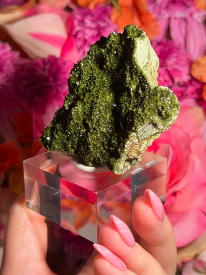 Fairy Quartz Epidote specimen on stand from Hakkari, Turkey