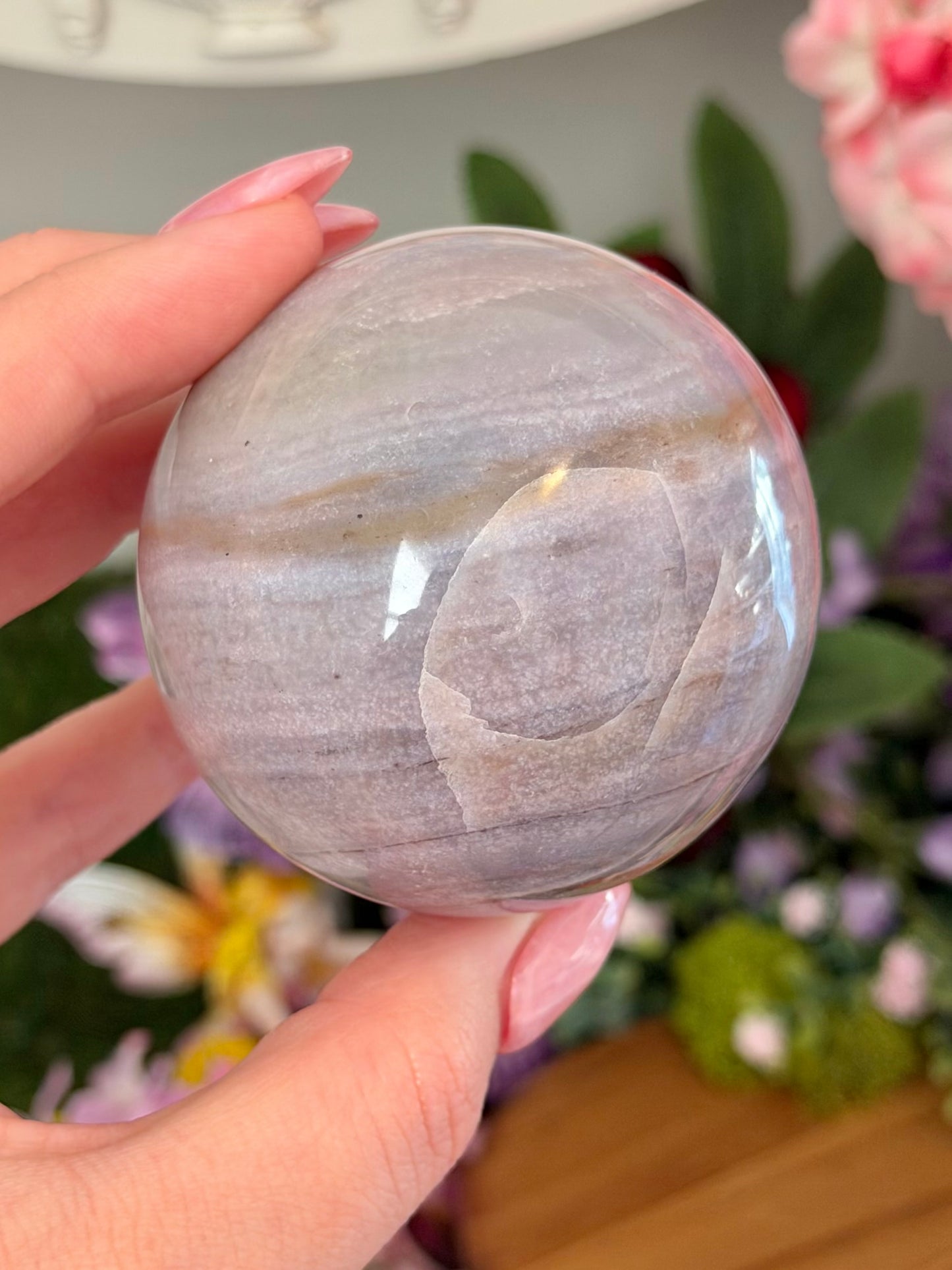 Pastel lilac and yellow sea jasper sphere