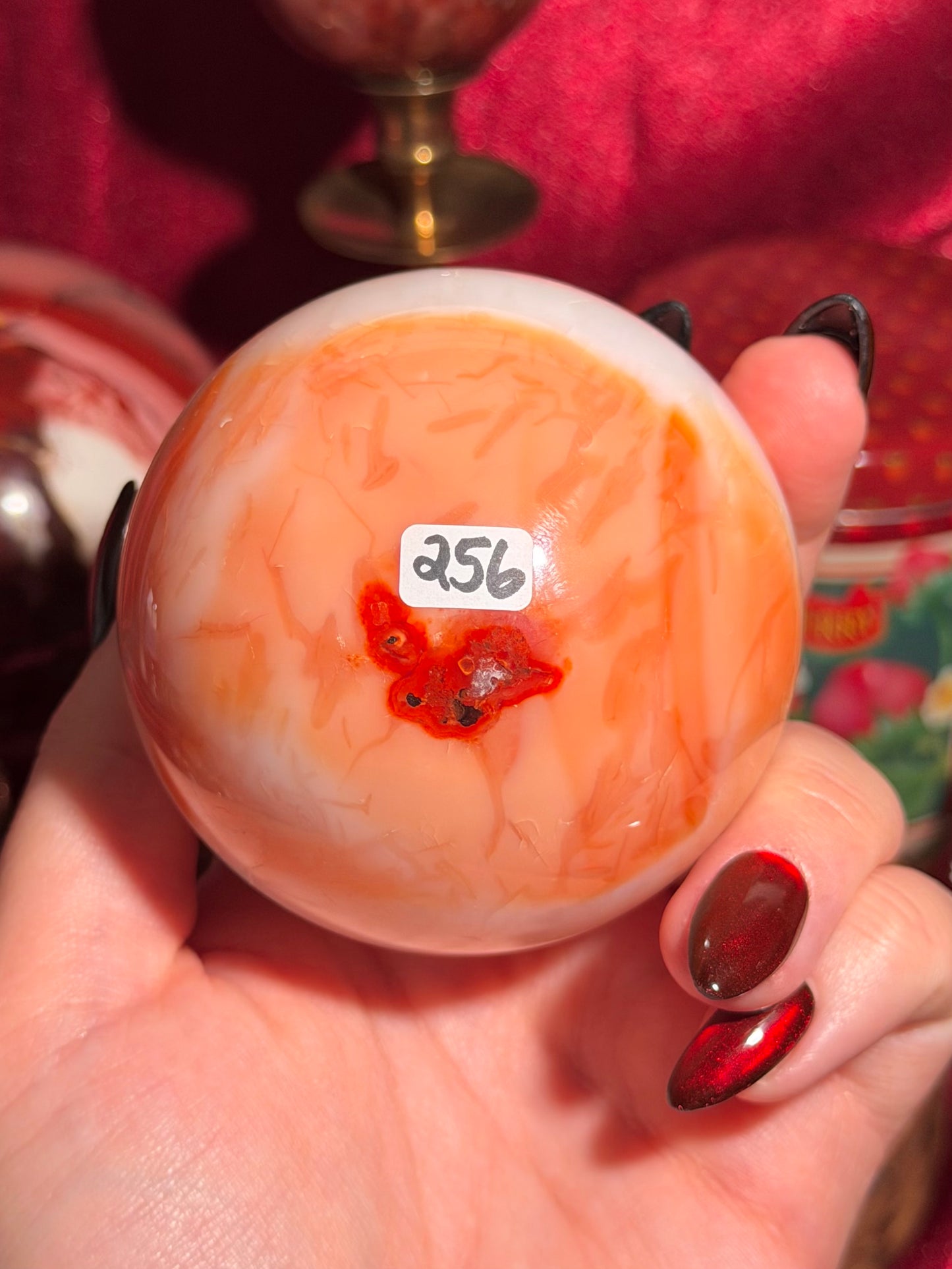 Pastel cool toned pink carnelian sphere with quartz 75mm