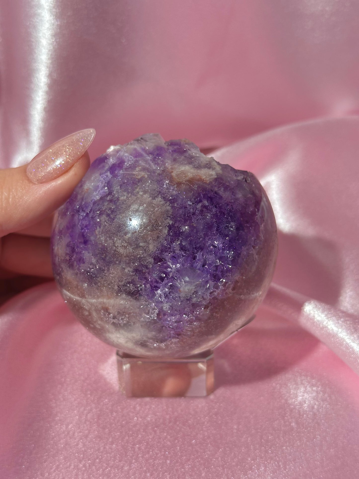 Grape jelly purple Brazilian pink amethyst sphere with unique quartz caves