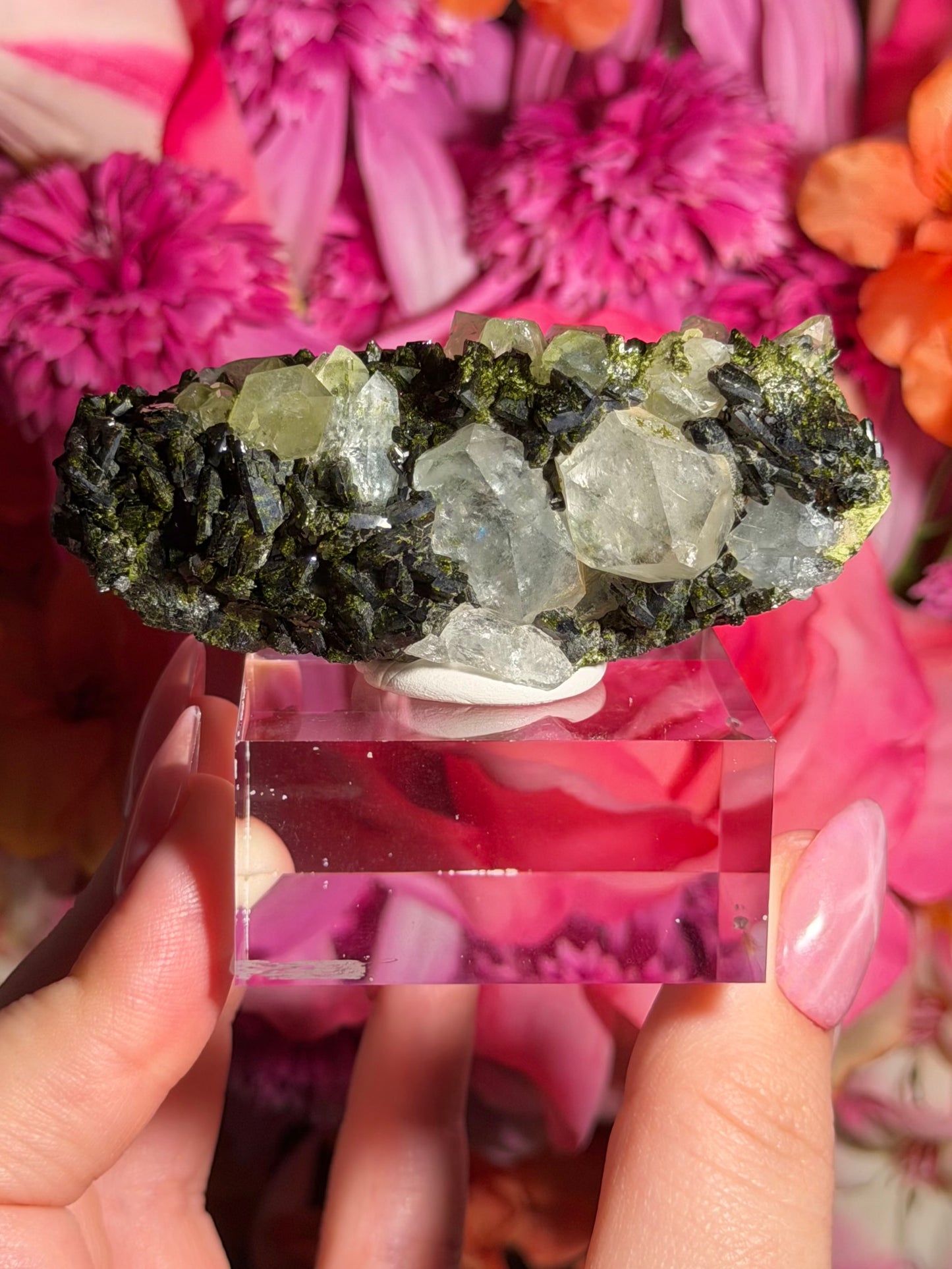 Fairy Quartz Epidote specimen on stand from Hakkari, Turkey