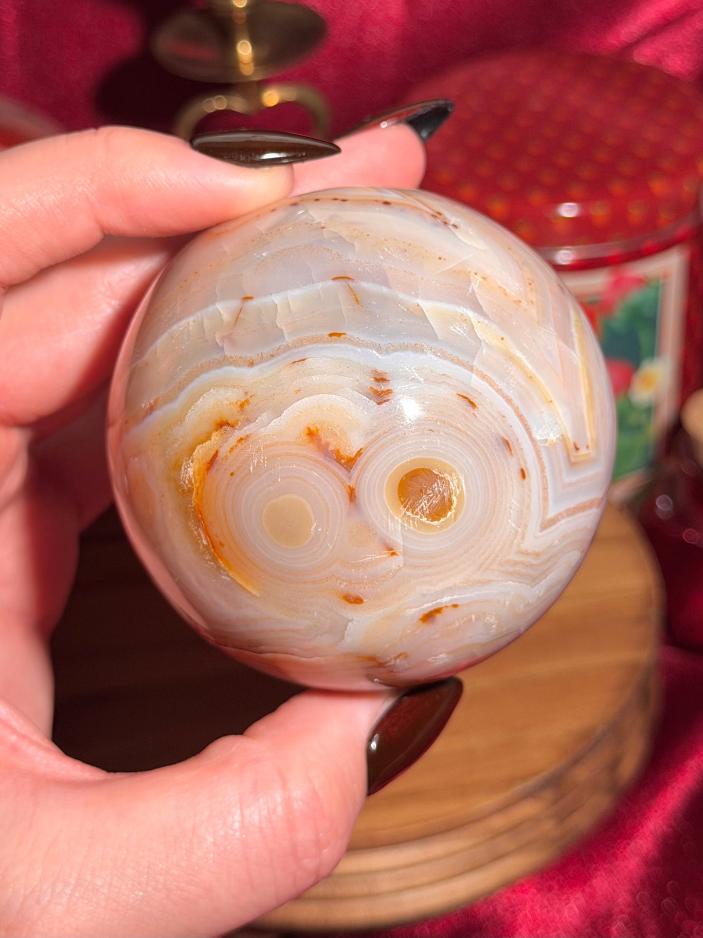 Pastel yellow and peachy toned carnelian sphere with large druzy cave 72mm