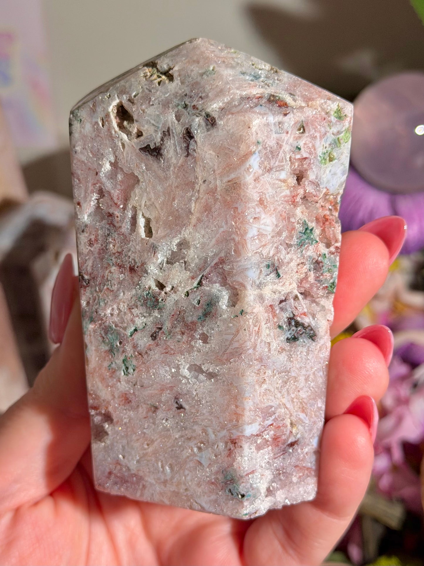 Fairy green jasper mixed with pink amethyst tower from Brazil