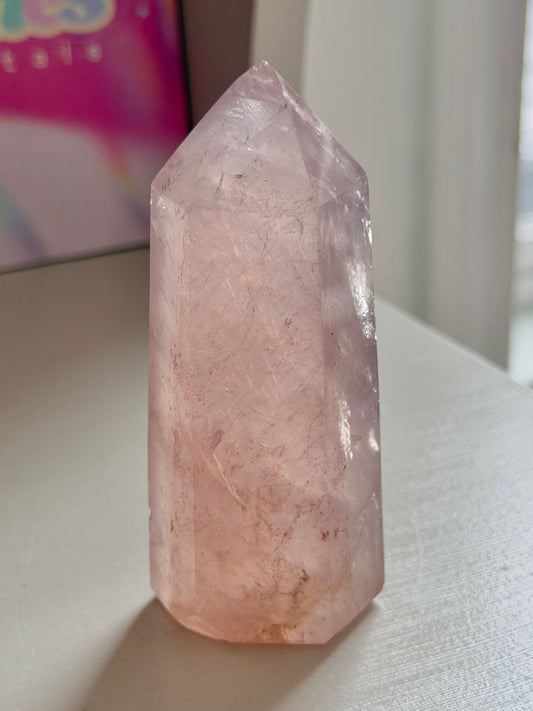 Champagne pink rose quartz tower