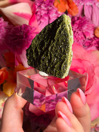 Fairy Quartz Epidote specimen on stand from Hakkari, Turkey