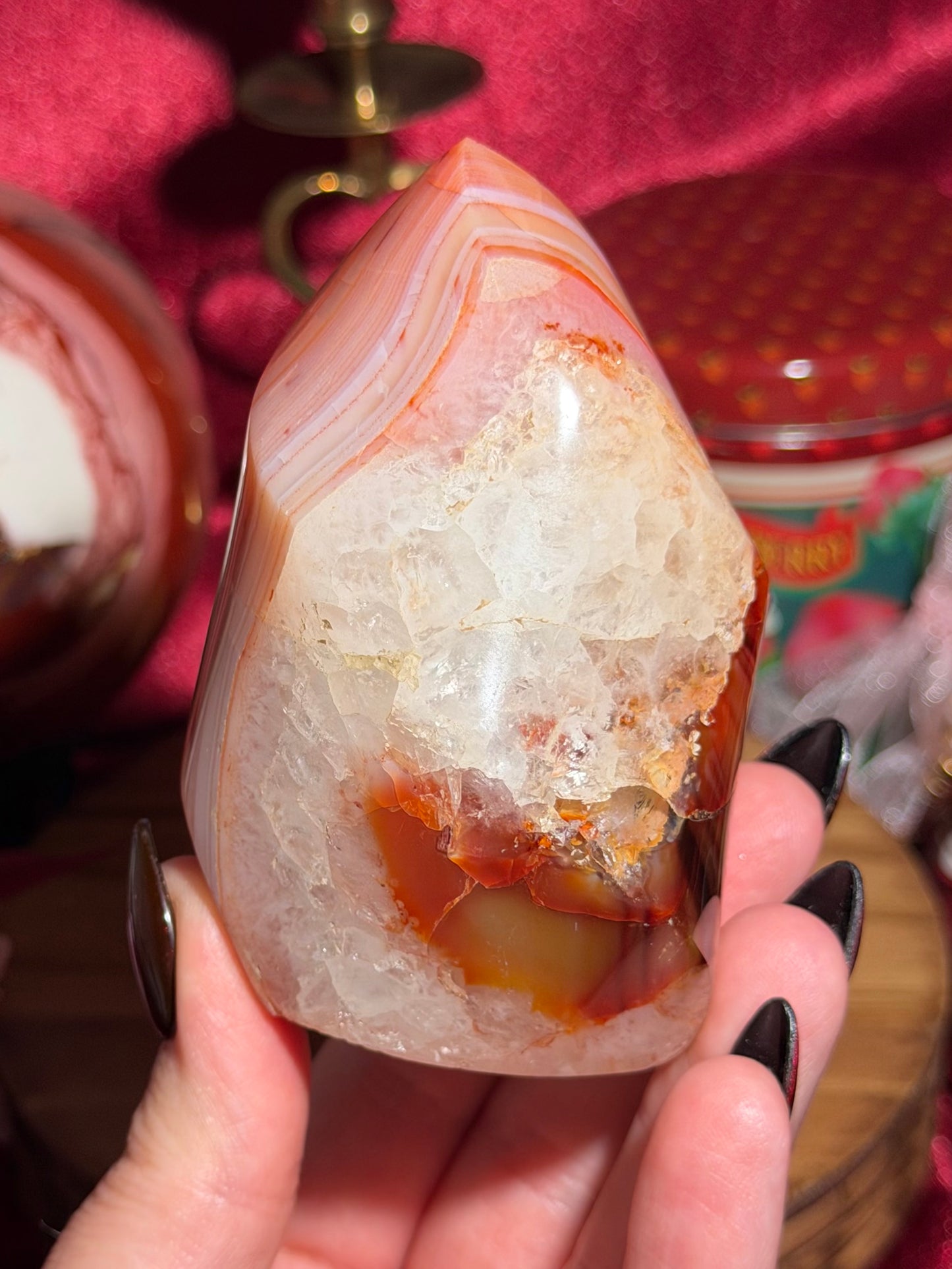Pink banded carnelian flame with quartz