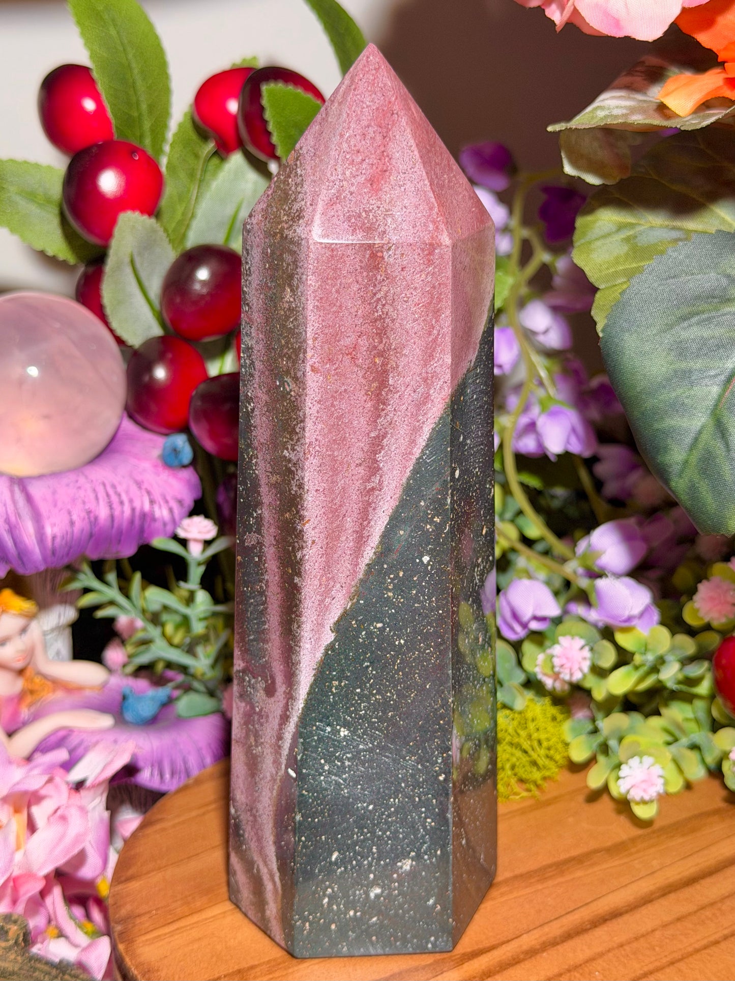 Pink and green sea jasper tower