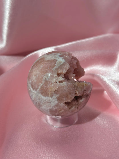 Brazilian pink amethyst sphere with unique bubbly druzy cave