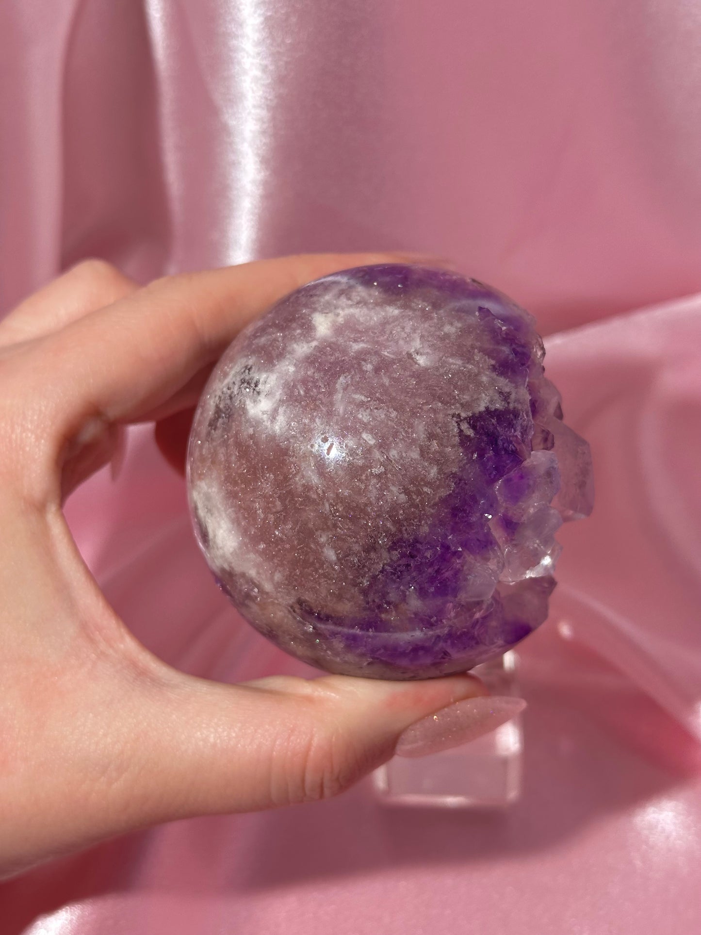Grape jelly purple Brazilian pink amethyst sphere with unique quartz caves