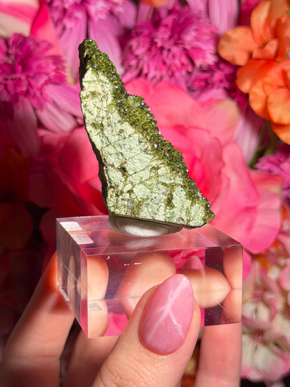 Fairy Quartz Epidote specimen on stand from Hakkari, Turkey