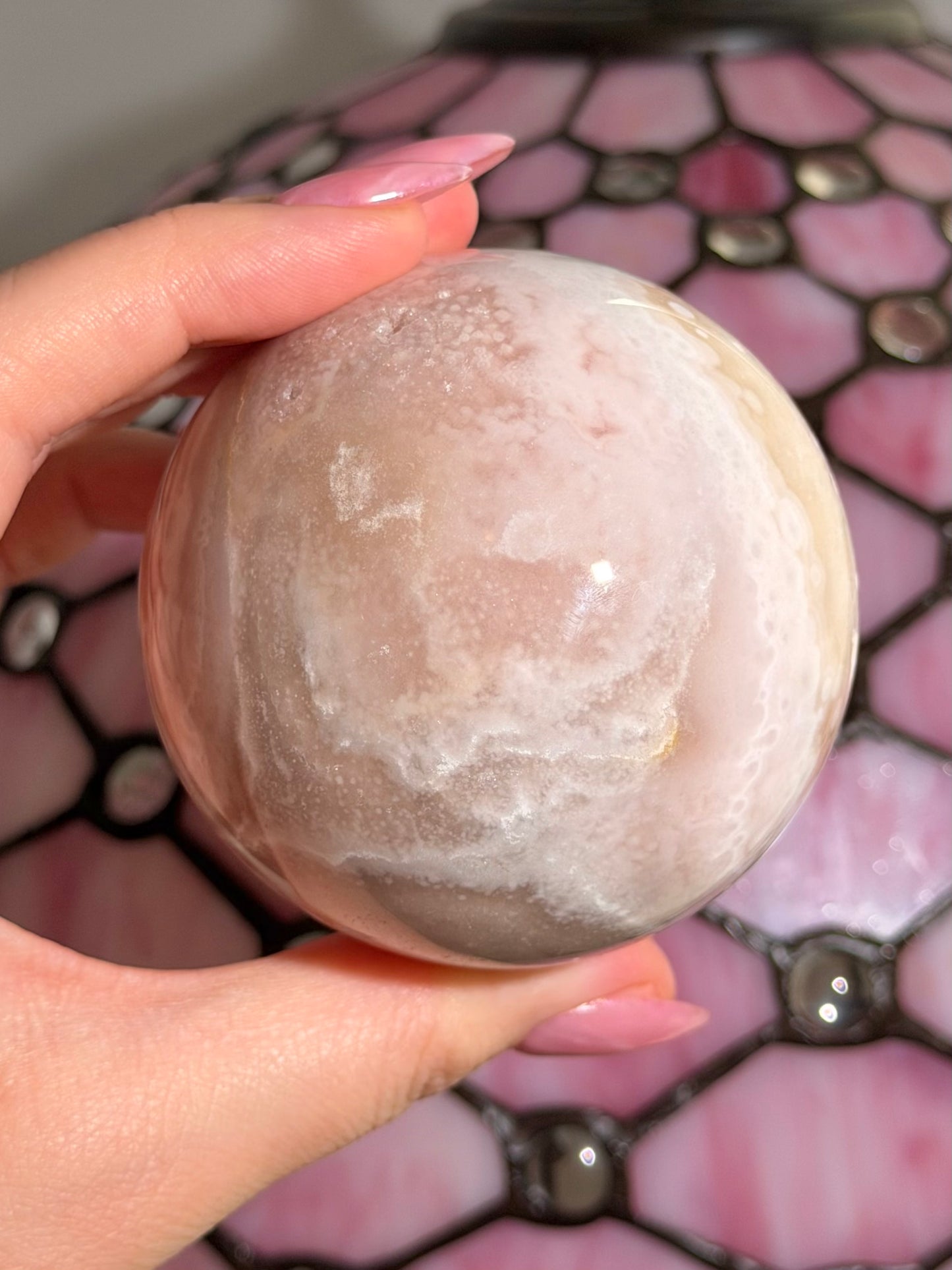 Large bubbly pastel Pink amethyst x flower agate sphere