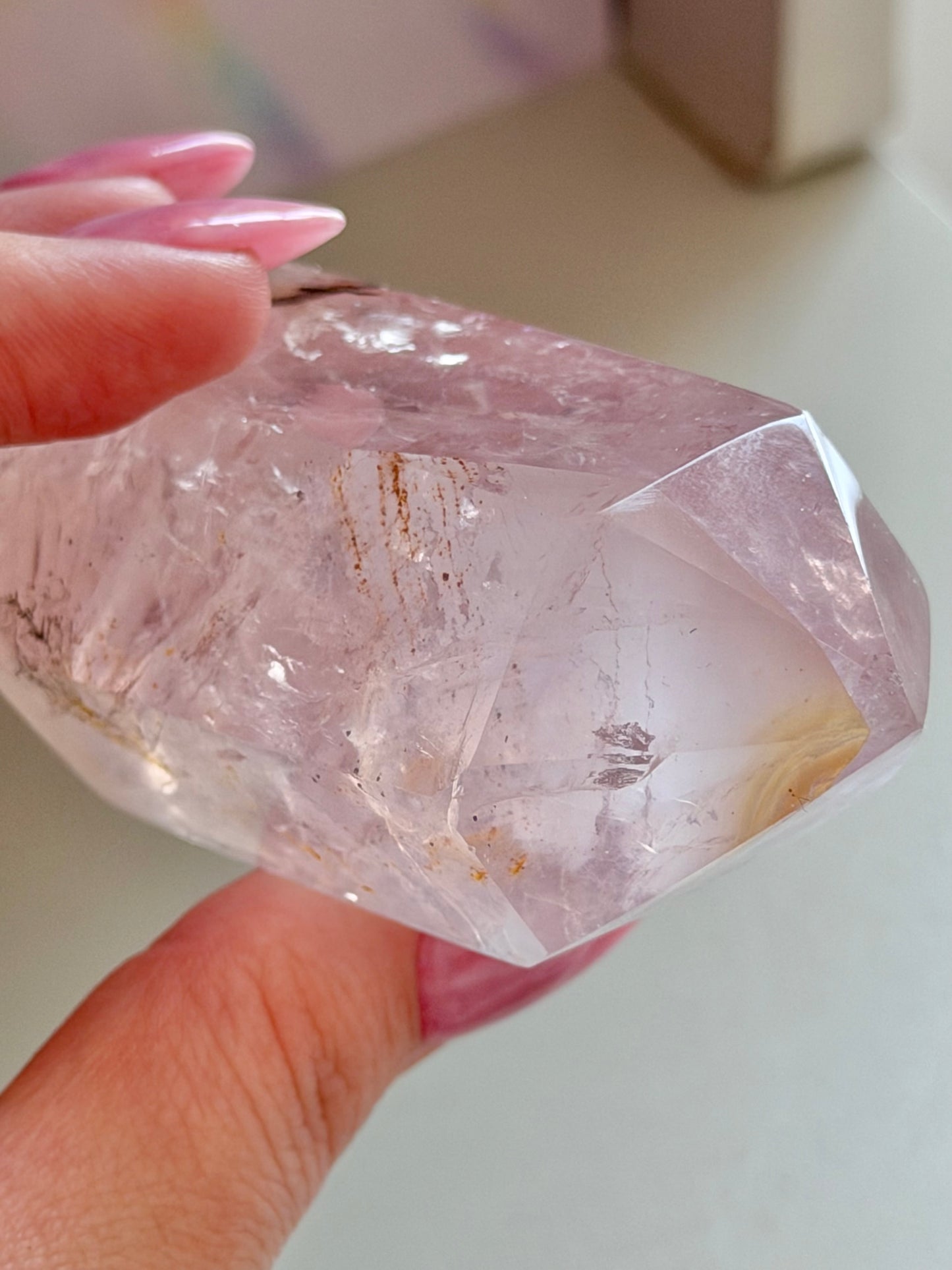 Icy rose quartz tower with dendrites