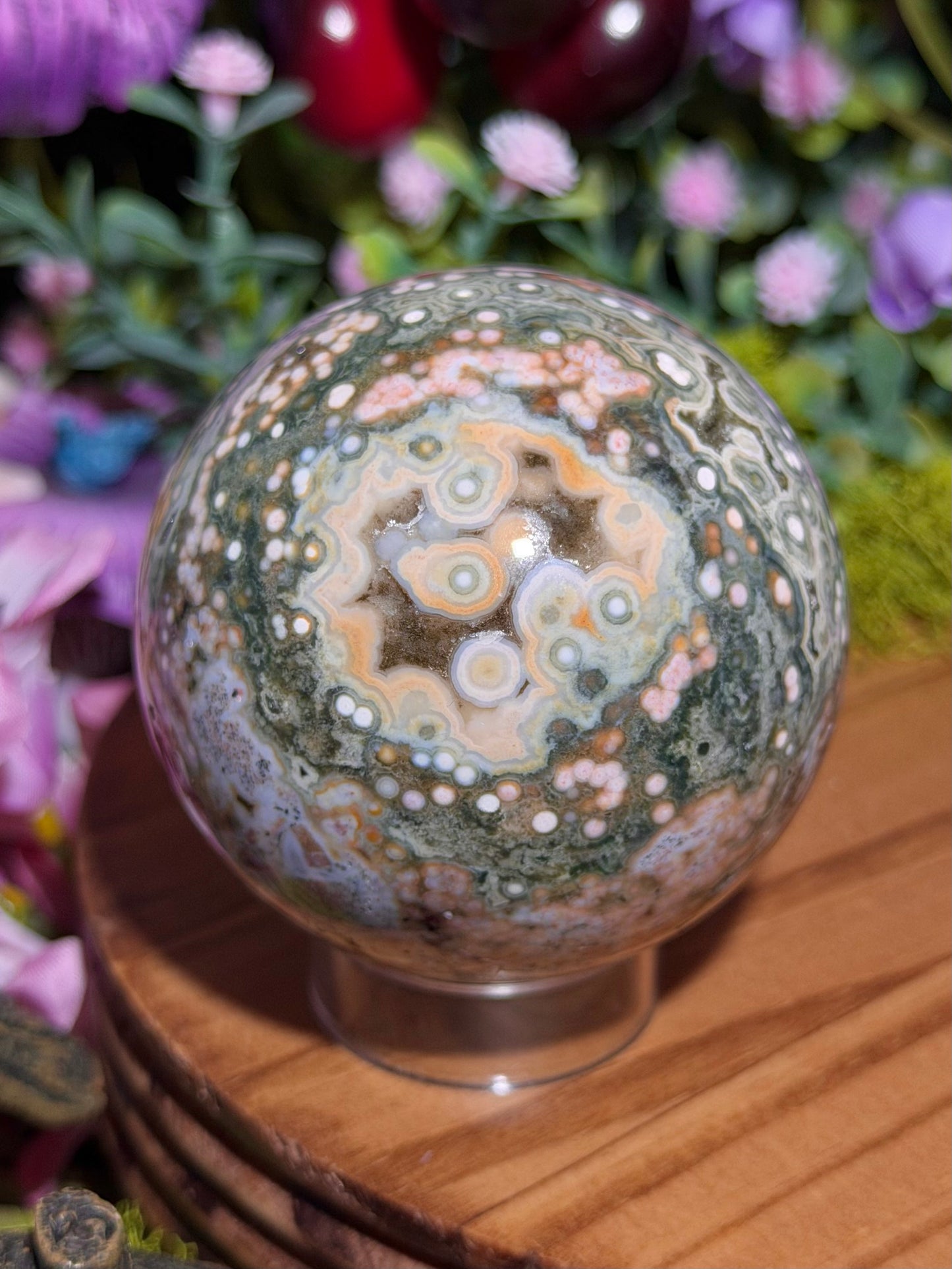 Green and pink 8th Vein Ocean Jasper sphere