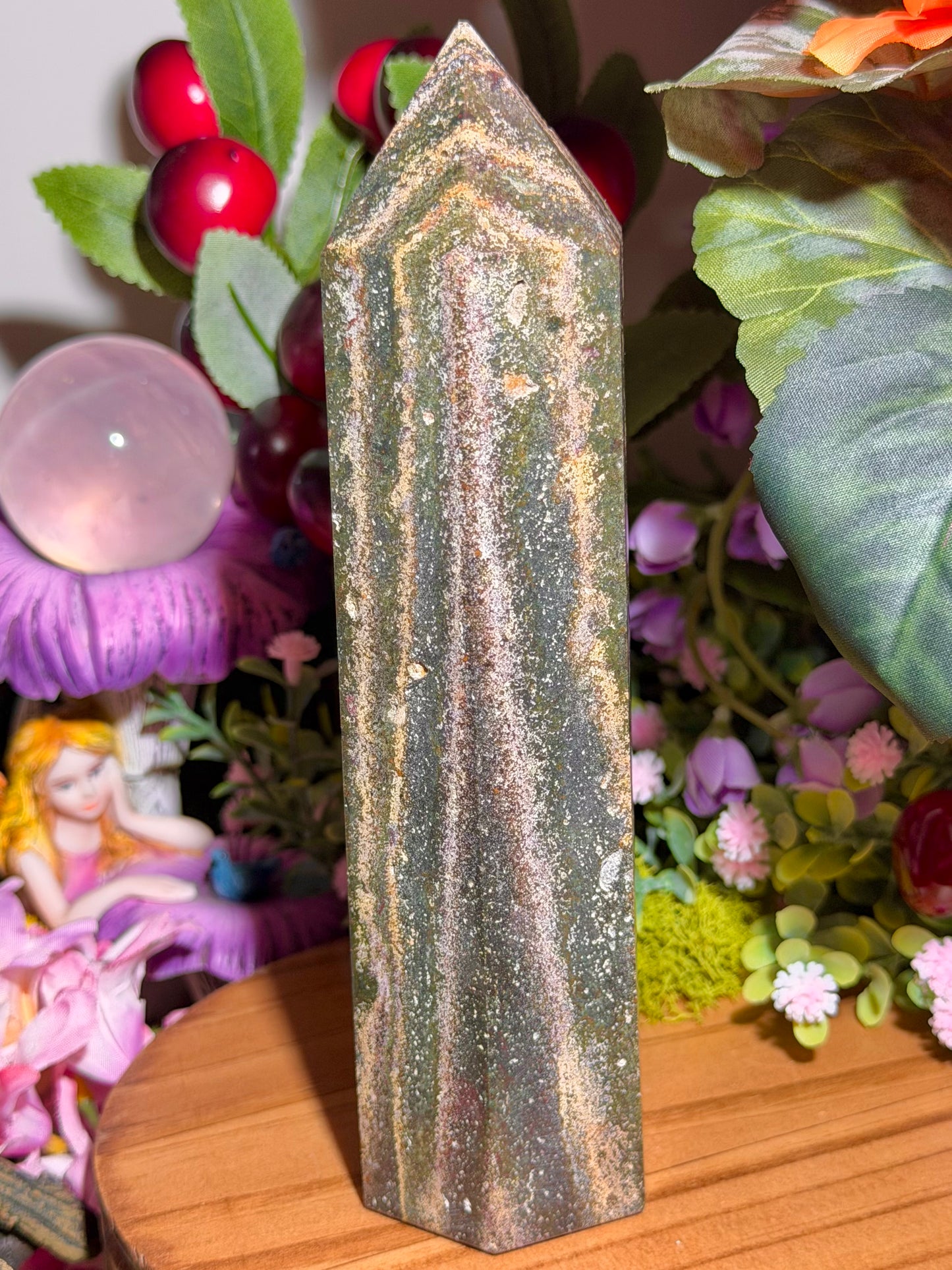 Pink and green sea jasper tower