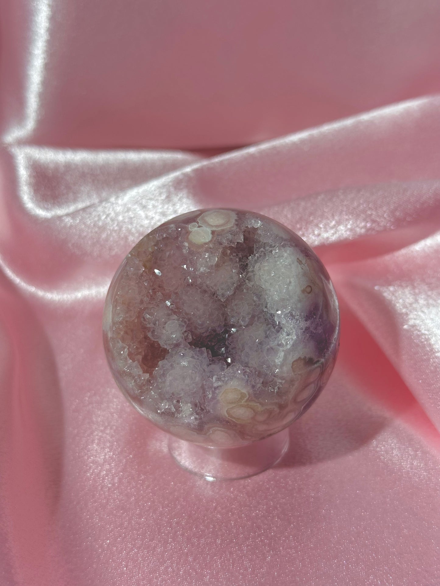 Purple Brazilian pink amethyst x flower agate sphere with druzy cave