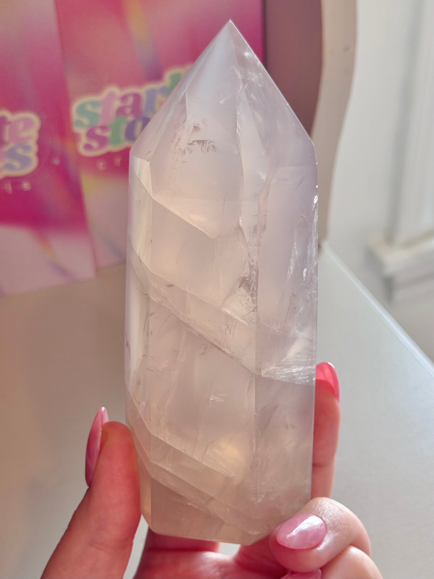 Ethereal icy blue rose quartz tower