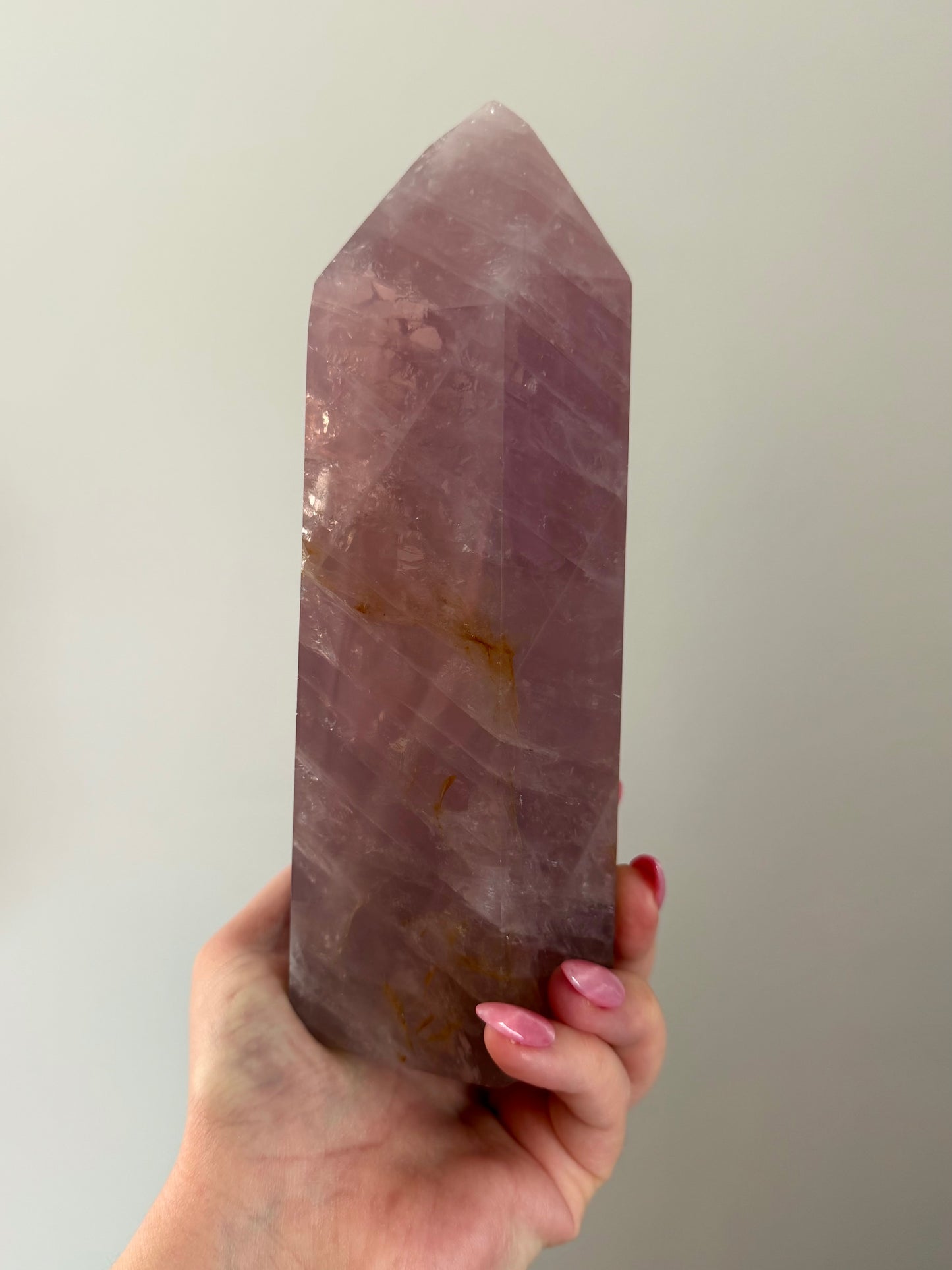 Statement Glassy Purple-toned star rose quartz tower with bright “rainbow” asterism & golden healer