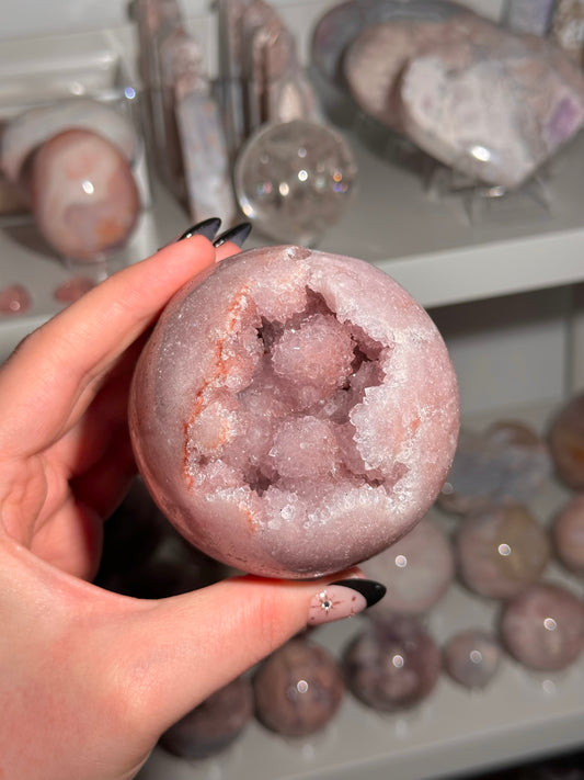 Brazilian pink amethyst x flower agate sphere with bubbly druzy cave