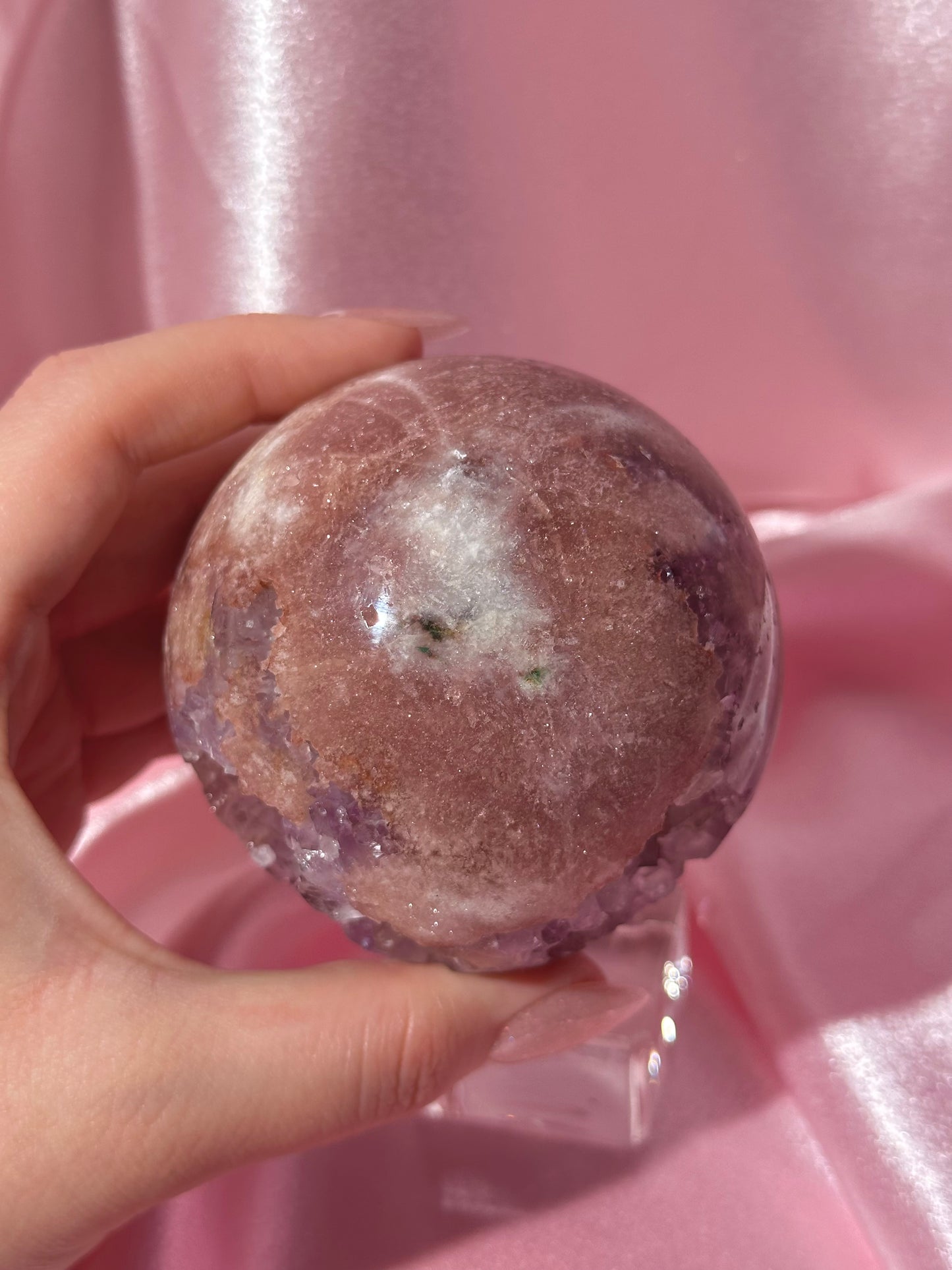 Brazilian pink amethyst x flower agate sphere with purple quartz-filled druzy cave