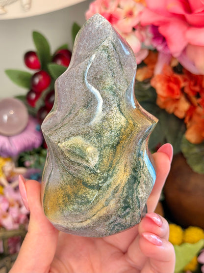 Lilac and green pastel sea jasper flame