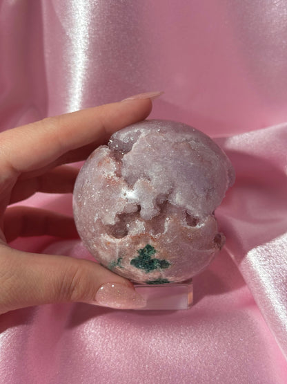 Brazilian pink amethyst x flower agate sphere with bubbly druzy cave