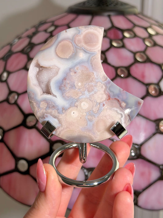 Pink amethyst x flower agate moon on stand