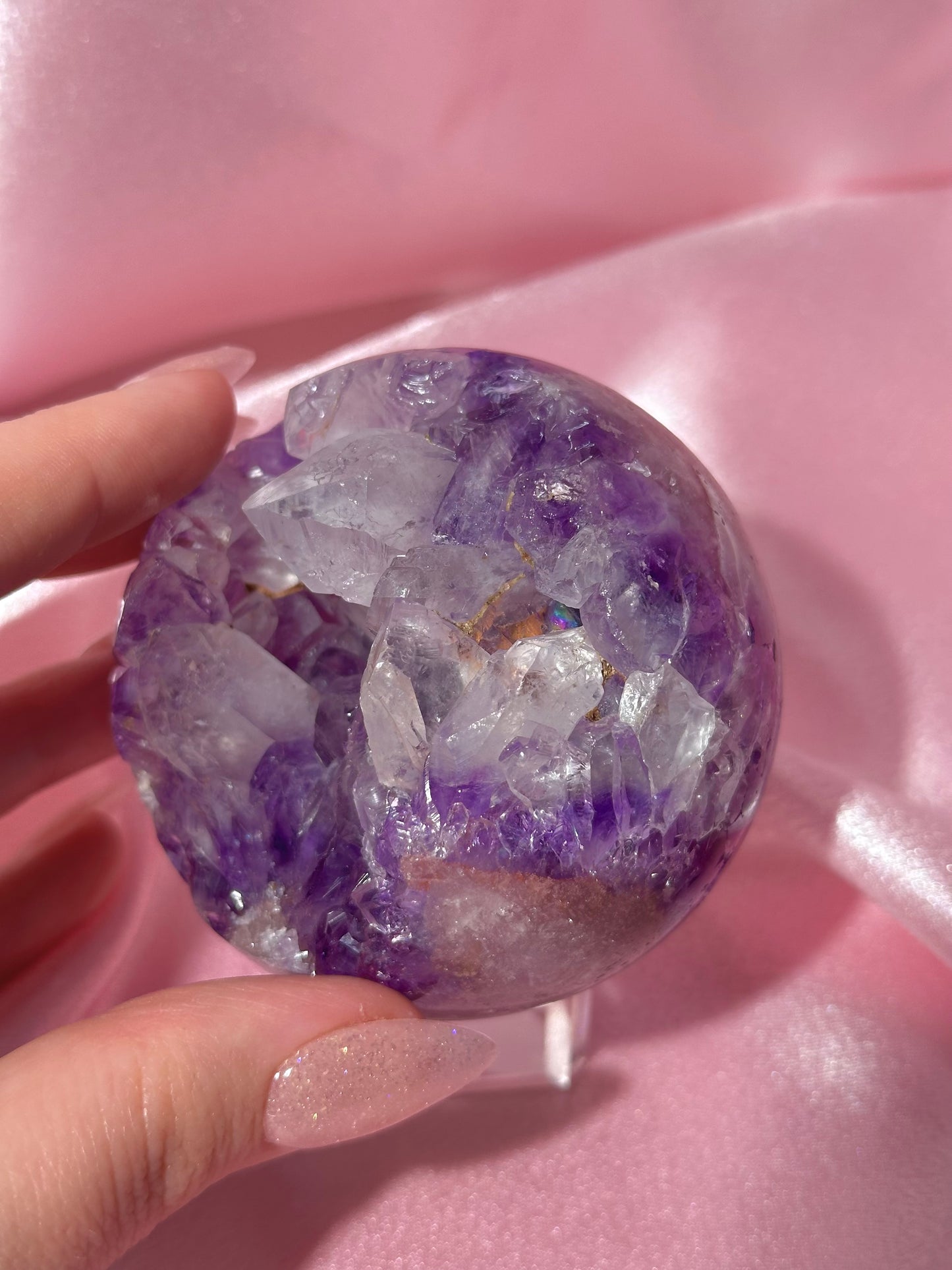 Grape jelly purple Brazilian pink amethyst sphere with unique quartz caves