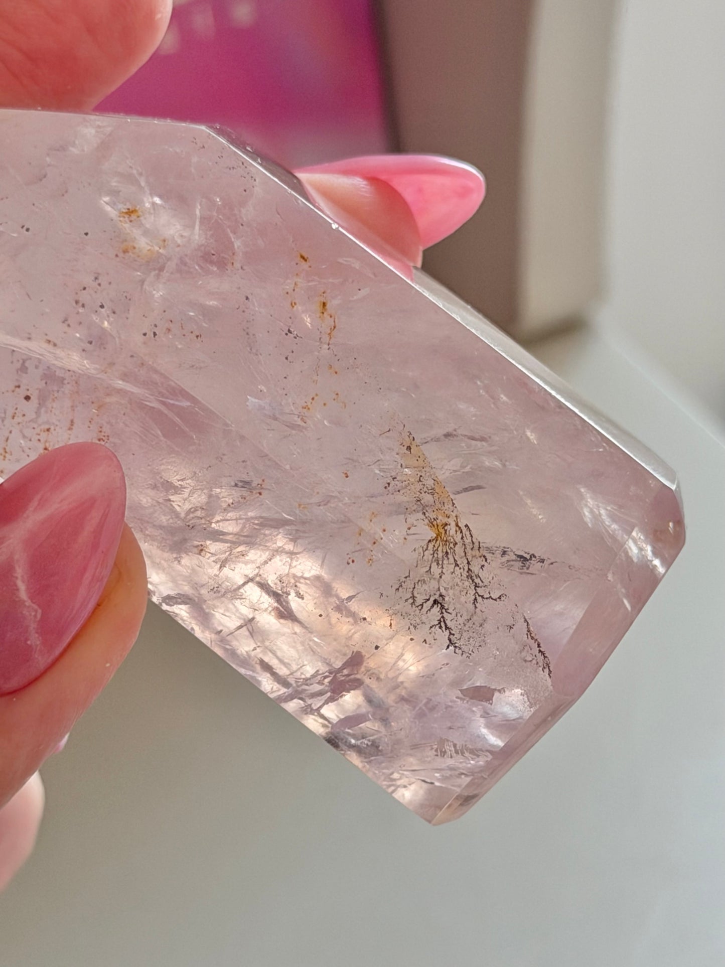 Icy rose quartz tower with dendrites