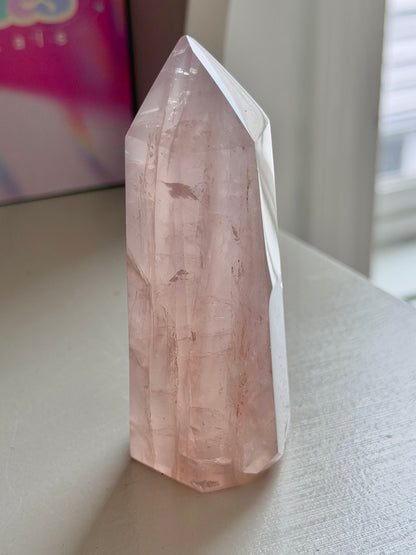 Champagne pink rose quartz tower