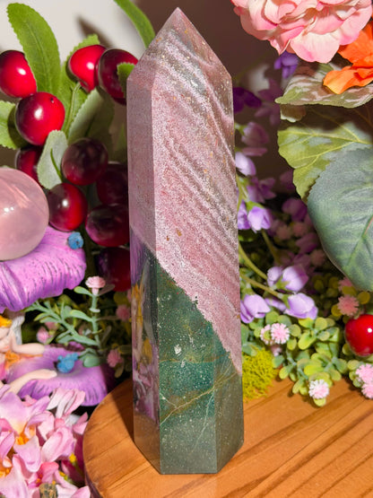 Pink and green sea jasper tower