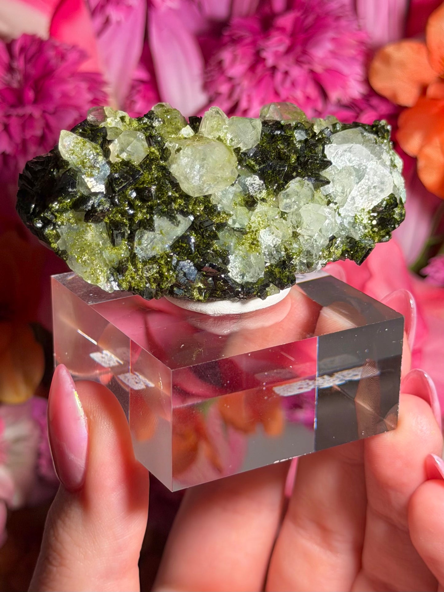 Fairy Quartz Epidote specimen on stand from Hakkari, Turkey